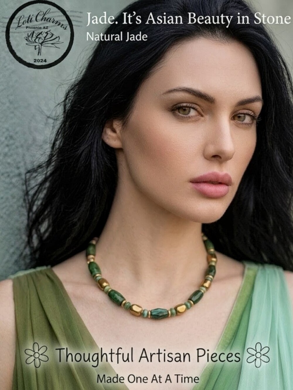 Large Genuine Green Jade Barrel, Picasso Bead, And Gold Nugget Bead Necklace